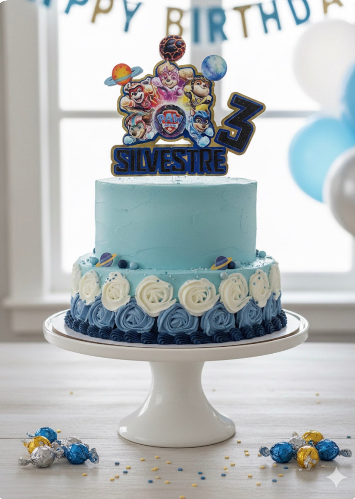 Custom Paw Patrol Cake Topper, 3D Mighty Pups Cake Decoration, Personalized Kids Birthday Party Decor, Paw Patrol Movie Theme.