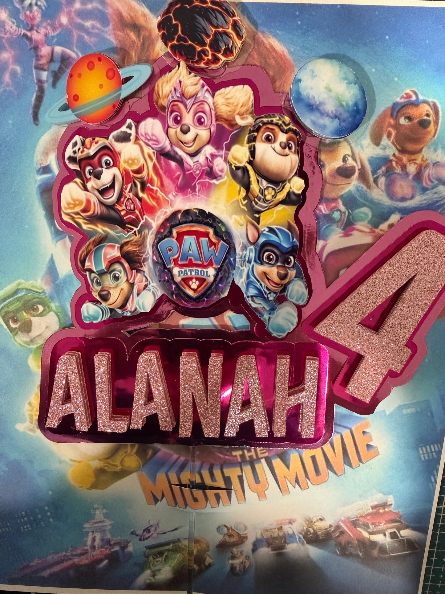 Custom Paw Patrol Cake Topper, 3D Mighty Pups Cake Decoration, Personalized Kids Birthday Party Decor, Paw Patrol Movie Theme.