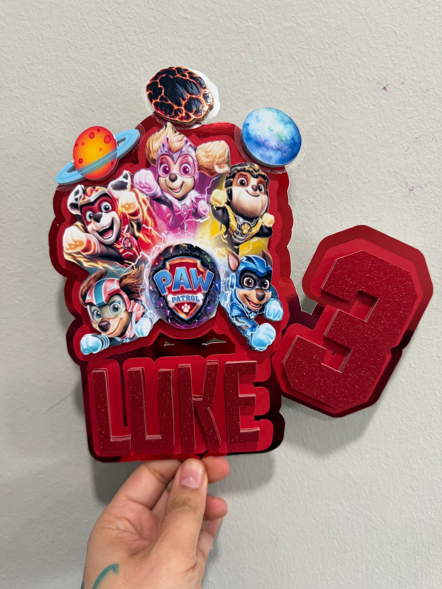 Custom Paw Patrol Cake Topper, 3D Mighty Pups Cake Decoration, Personalized Kids Birthday Party Decor, Paw Patrol Movie Theme.