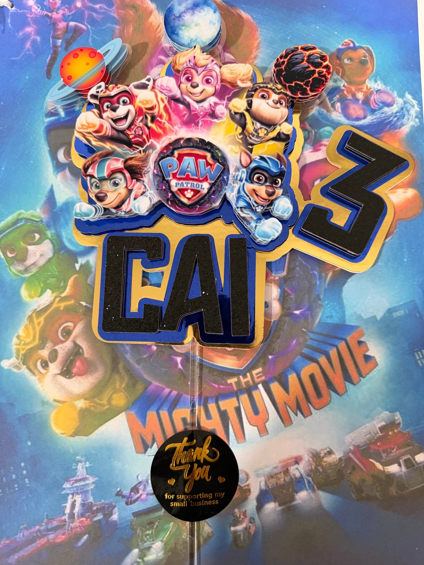 Custom Paw Patrol Cake Topper, 3D Mighty Pups Cake Decoration, Personalized Kids Birthday Party Decor, Paw Patrol Movie Theme.